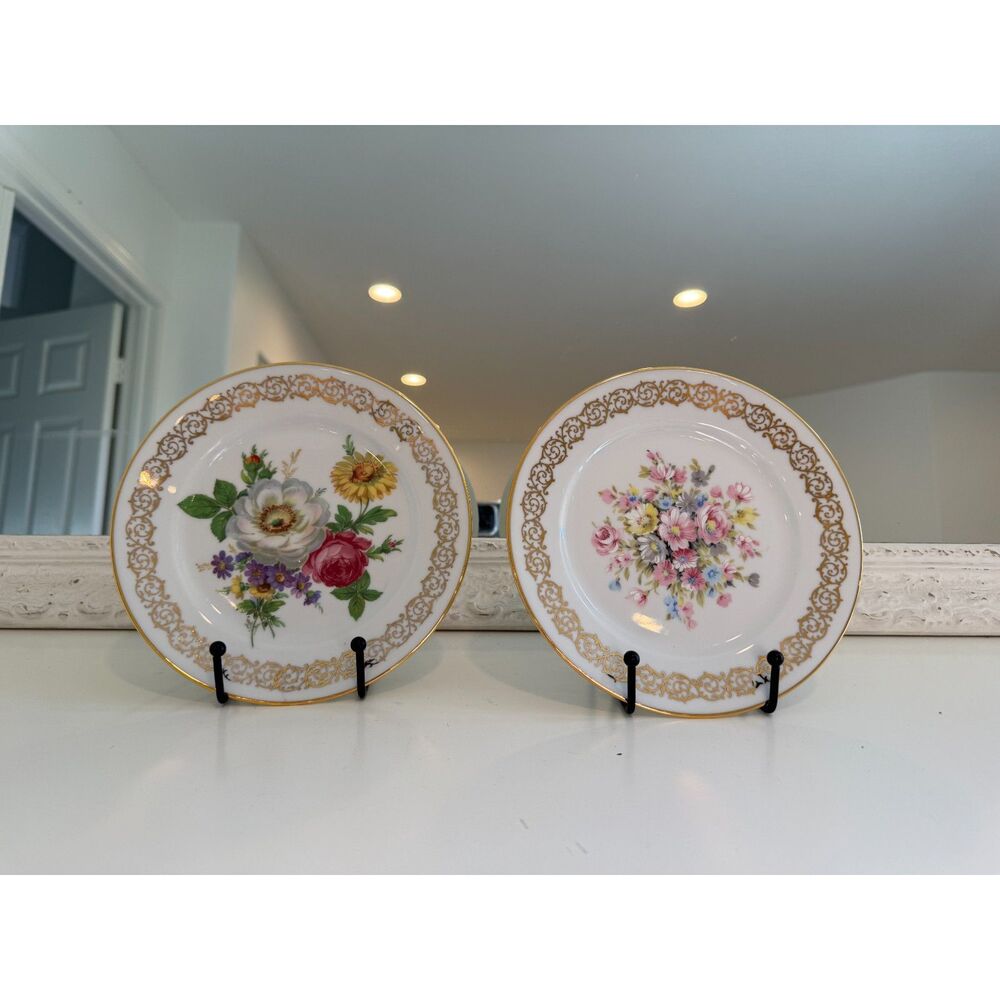 Vintage Gloria 2 Fine GOLD Porcelain Floral Plates West Germany Echt Glonzgold